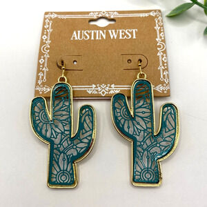 Austin West Boho Cactus Dangle Earrings Green Lacey Cut Out Southwestern Western